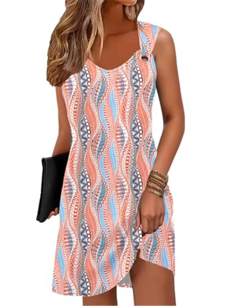 Orange Boho Floral Sleeveless V Neck Beach Cover Up Sundress Tank Dress Swimwear